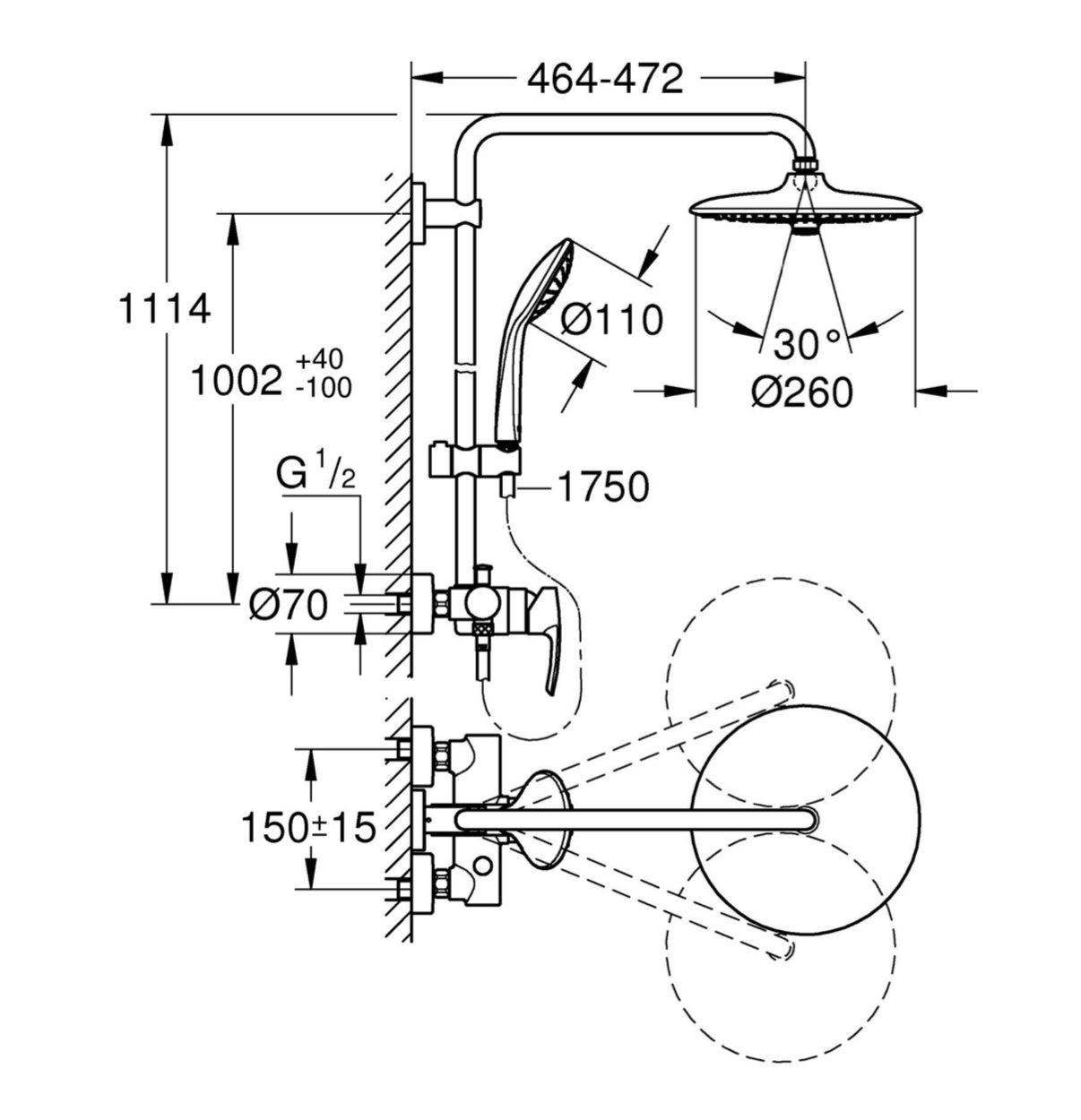 GROHE Euphoria System 260 Shower system with single lever mixer for wall mounting chrome.